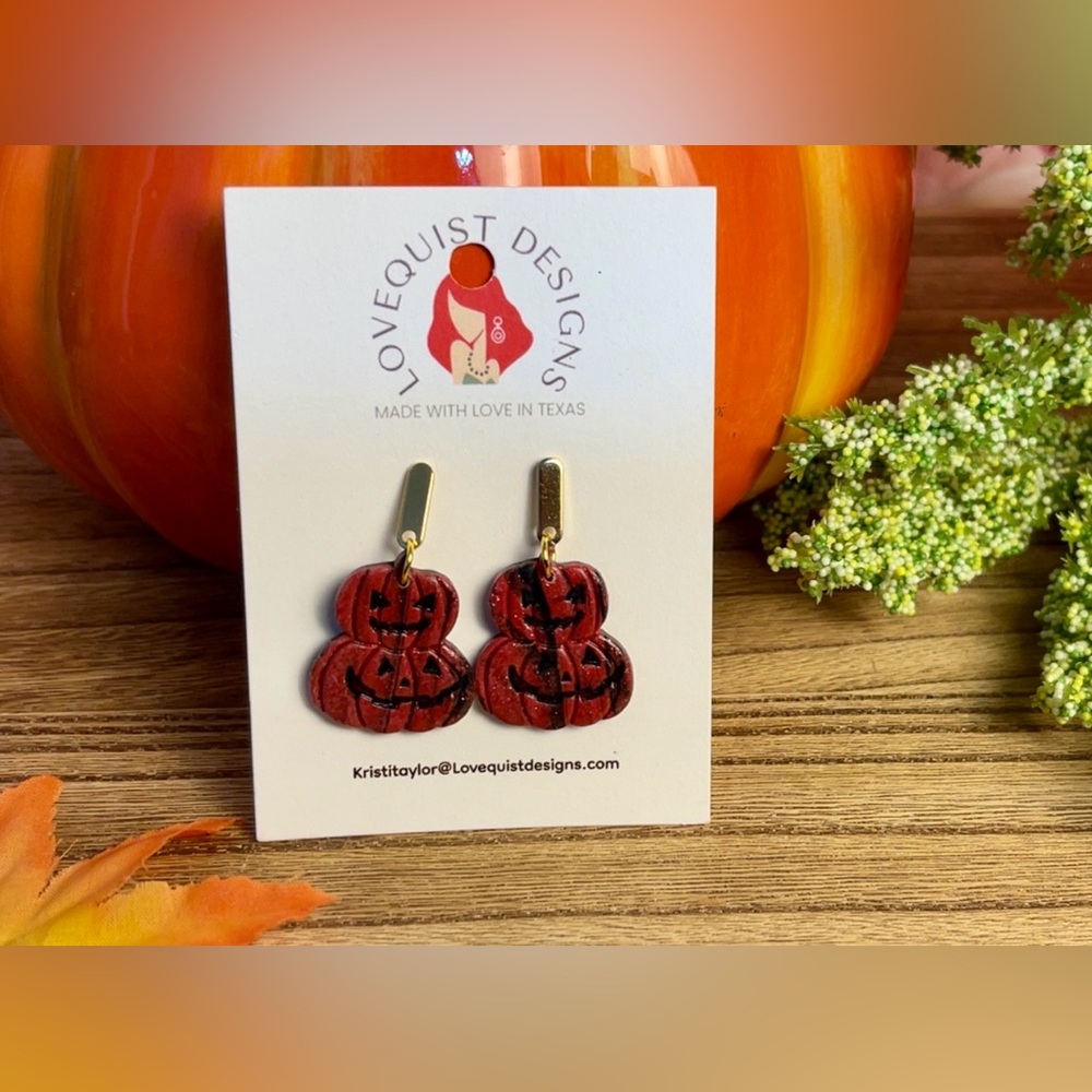 Handmade Fall Jack O’ Lantern Stack Dangle Earrings